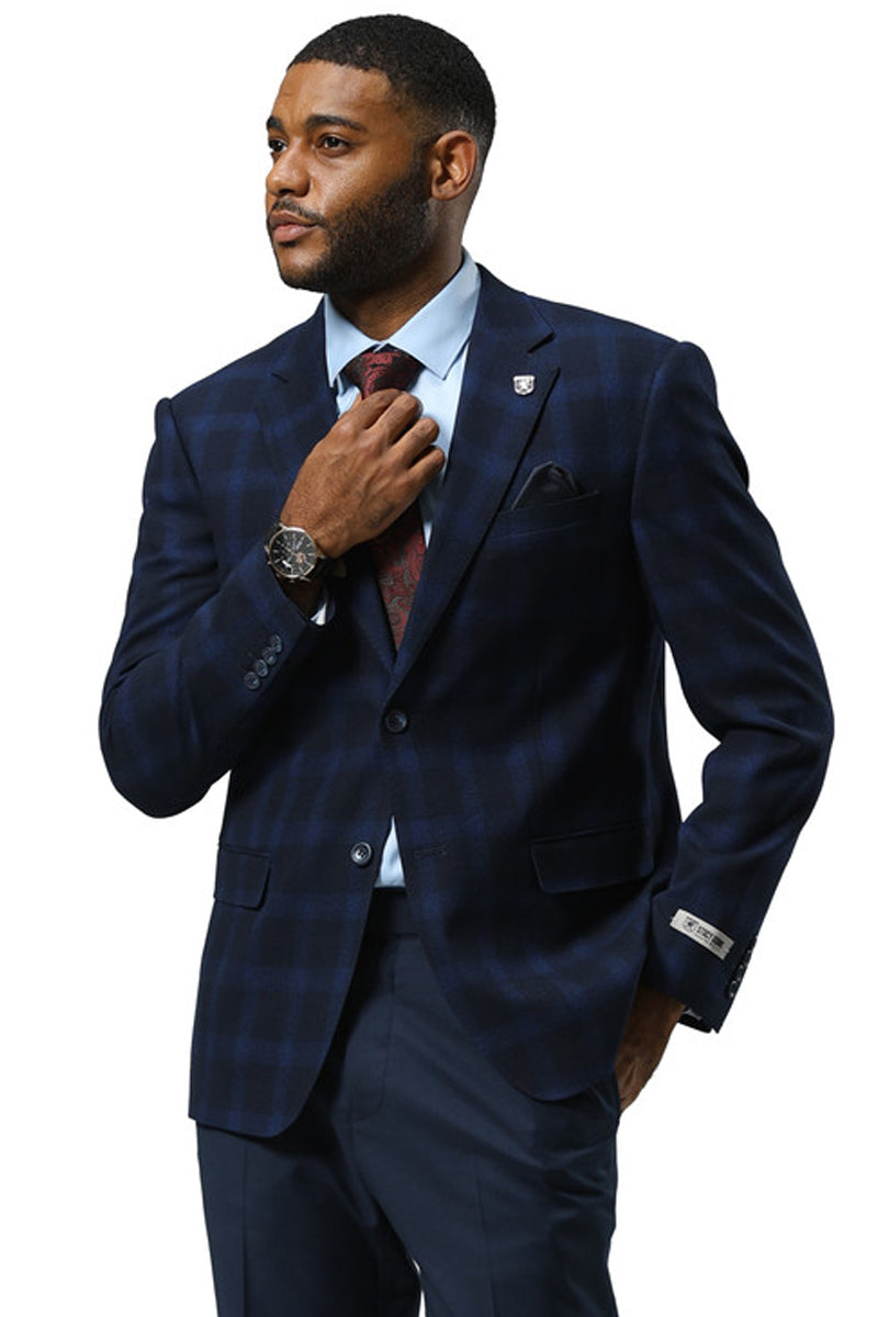 Men’s Stacy Adams Modern Fit Business Sport Coat Blazer in Dark Navy Blue Plaid