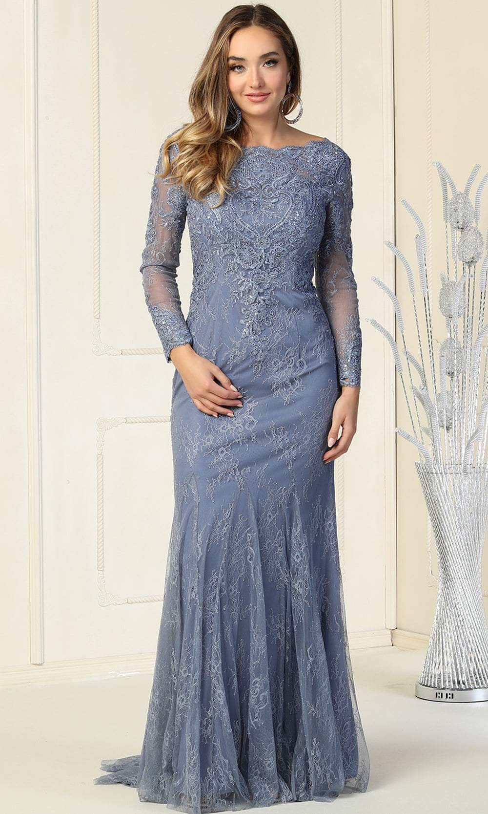 Laced Scalloped Bateau Neckline Evening Dress