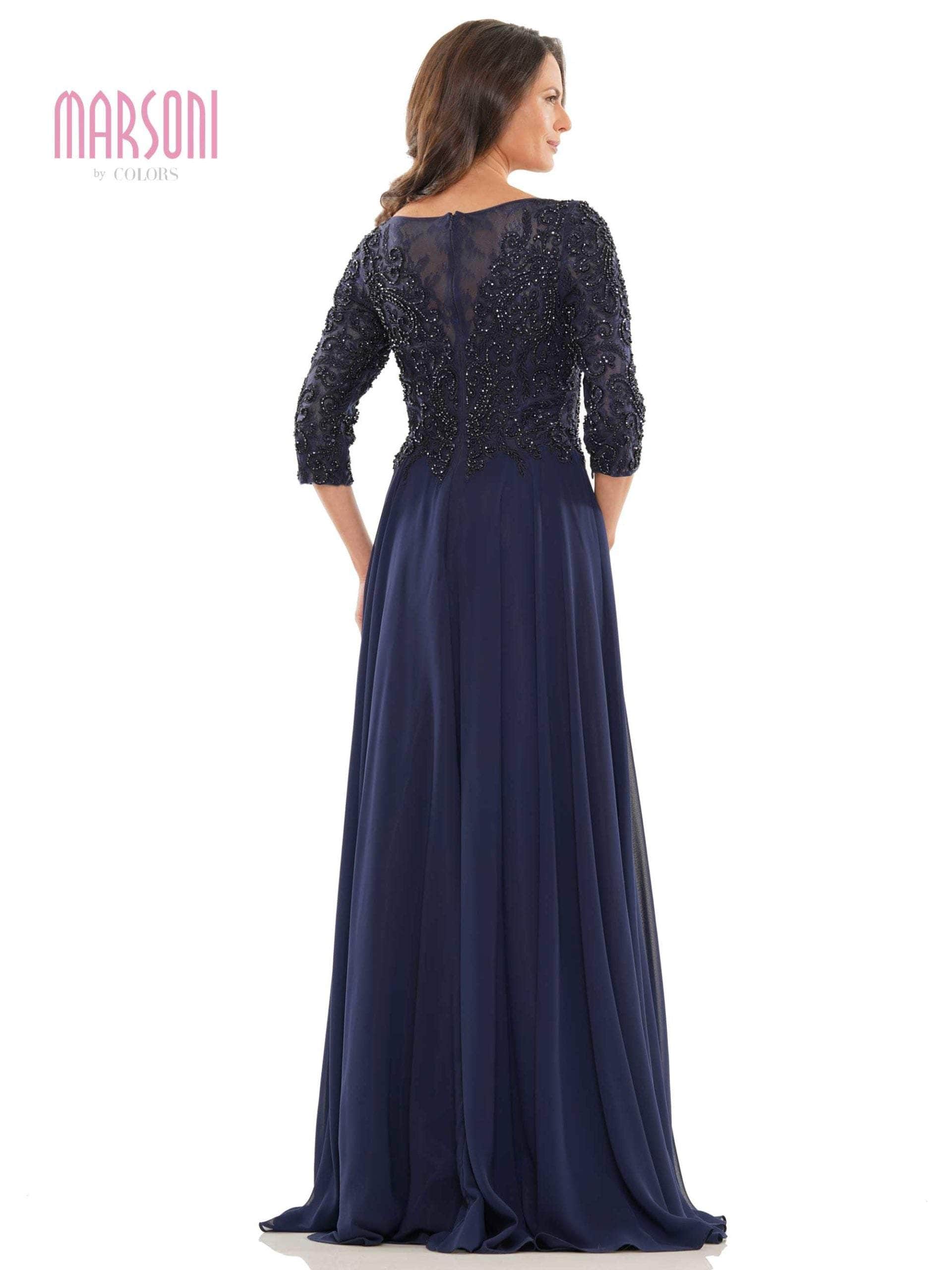 Quarter Sleeve Embroidered Lace Bodice A-Line Chiffon Gown MV1052