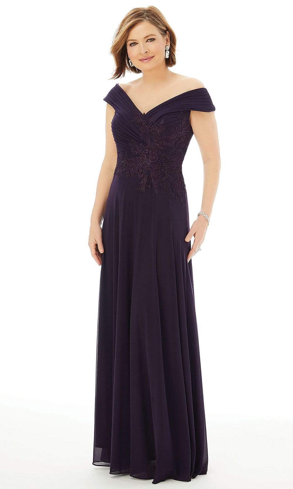 72229 Appliqued Pleated Off Shoulder A-Line Gown