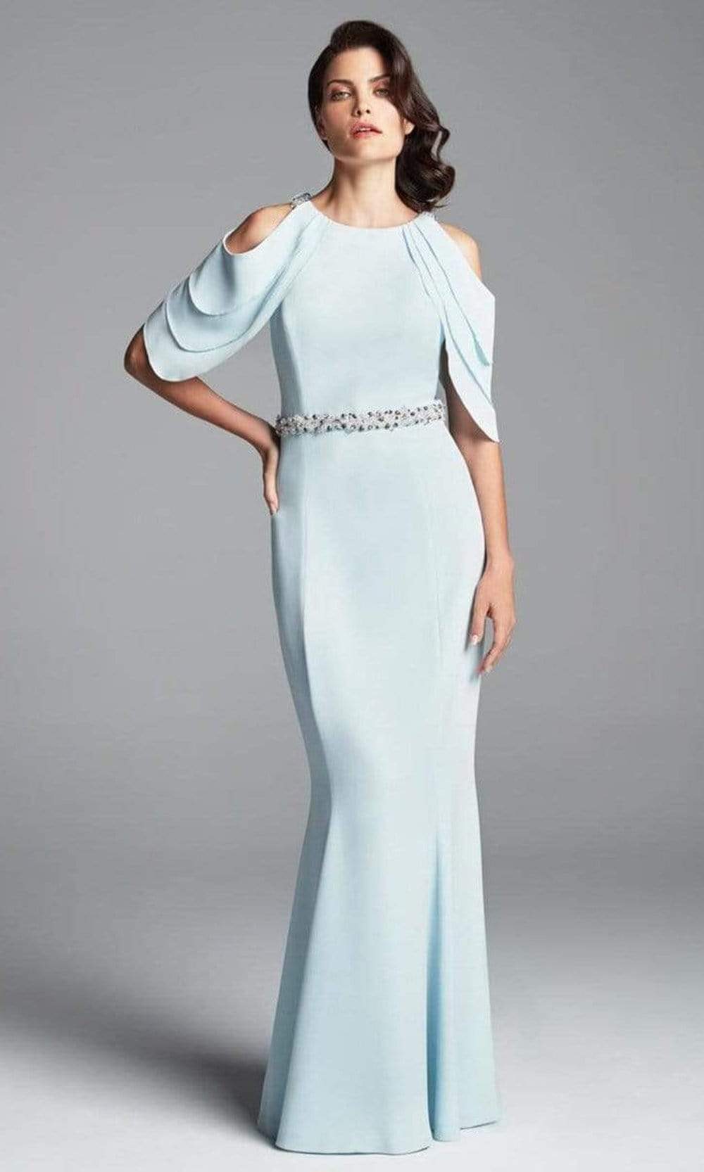 350 Cold Shoulder Beaded Waist Sheath Gown