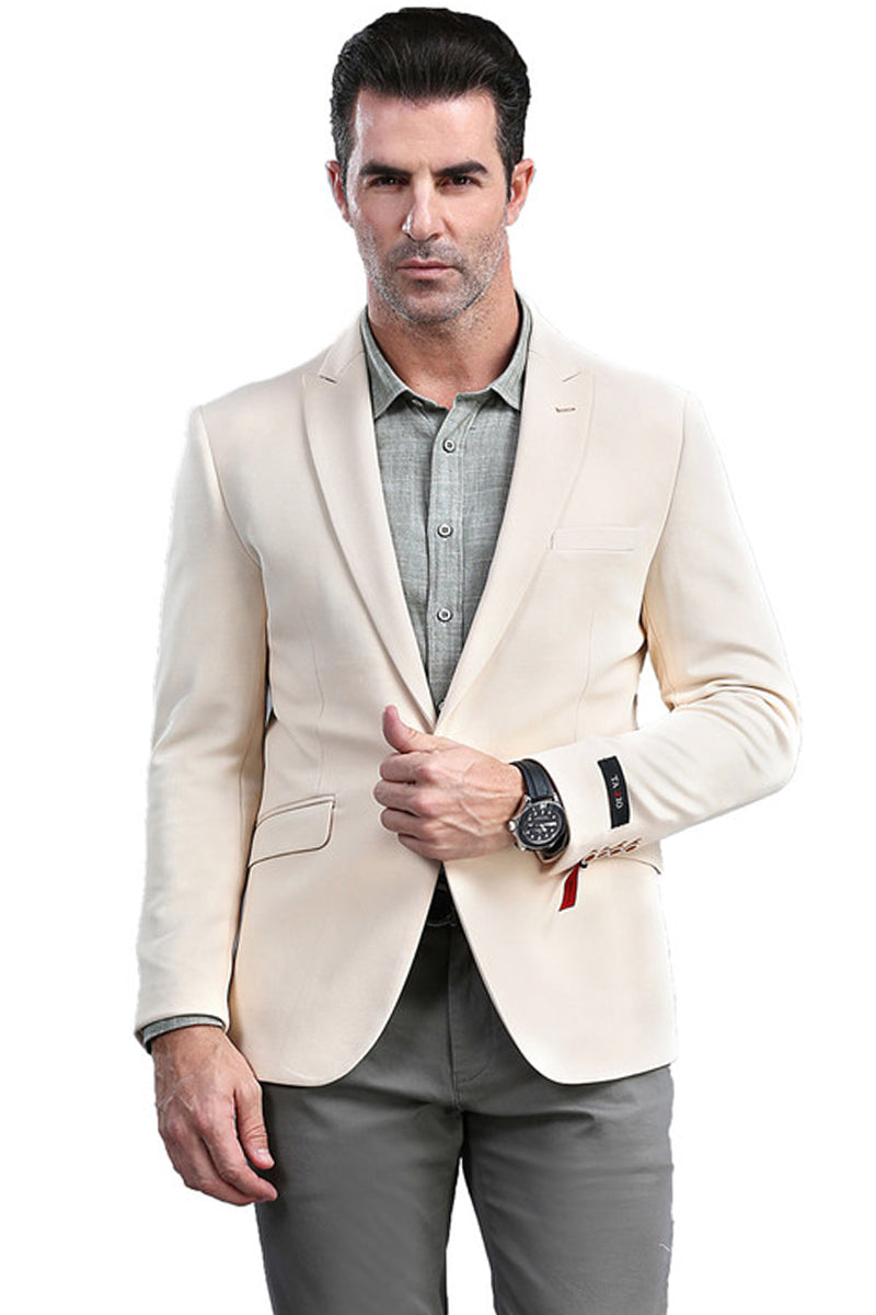 Men’s One Button Peak Lapel Skinny Fit Blazer in Tan
