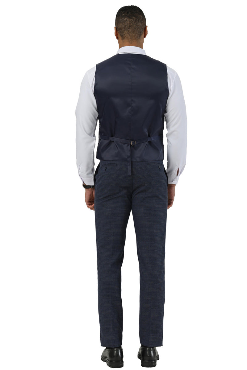 Men’s Stacy Adams Two Button Peak Lapel Suit with Scoop Vest in Navy Glen Plaid