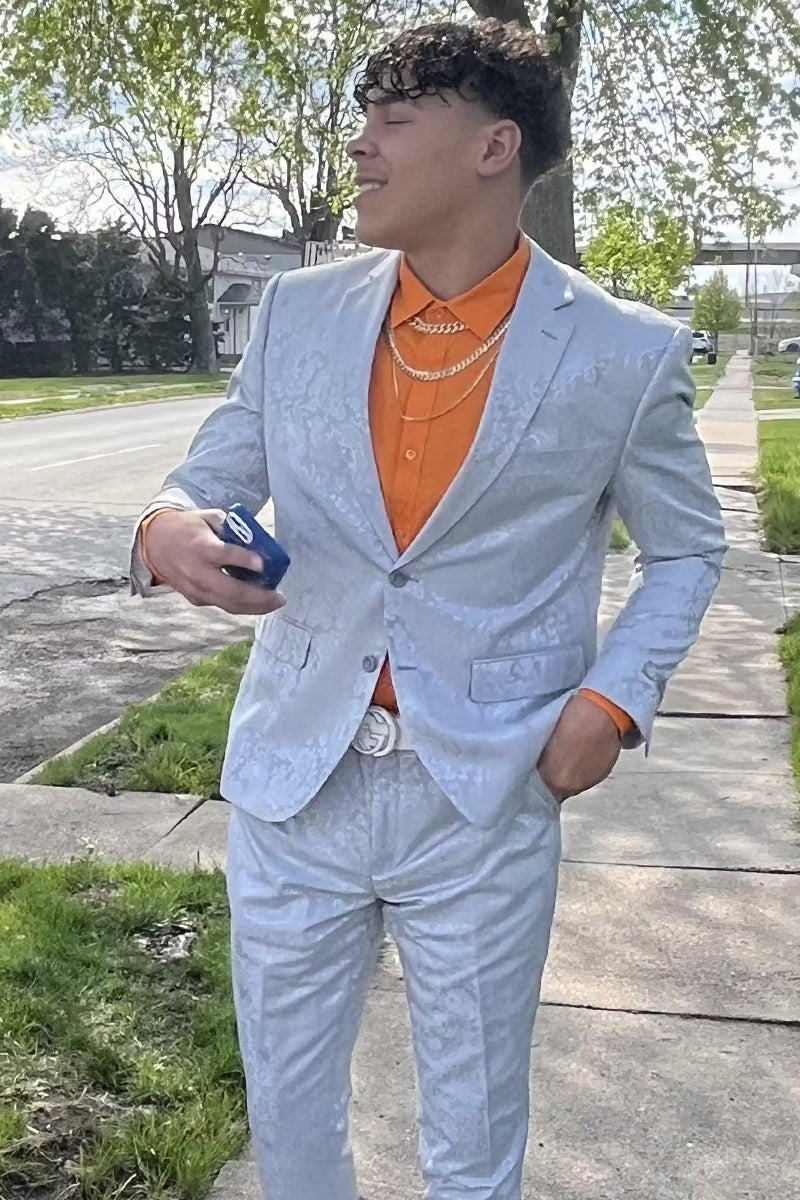 Men’s Slim Fit Shiny Paisley Prom & Wedding Suit in Silver Grey