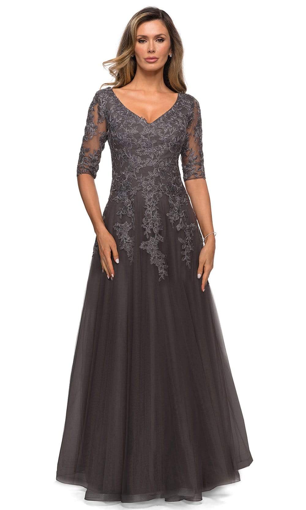 27993 Floral Lace V Neck A-Line Long Dress