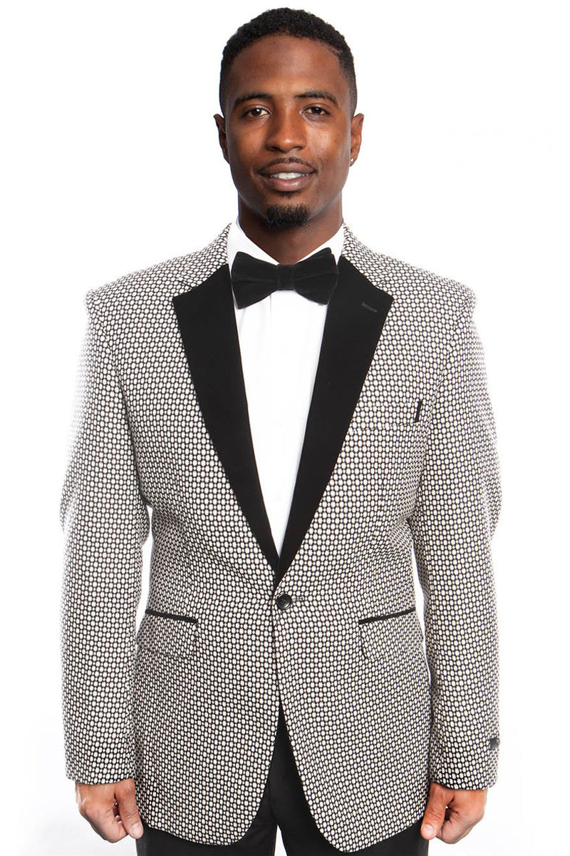 Men’s Slim Fit Black & White Birdseye Blazer with Black Velvet Lapel