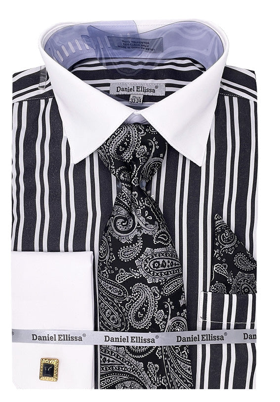 Men’s White Collar & French Cuff Double Stripe Dress Shirt in Black