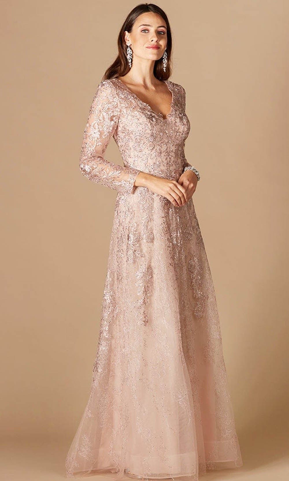 Floral Laced Plunging V Neck Long Sleeve Gown