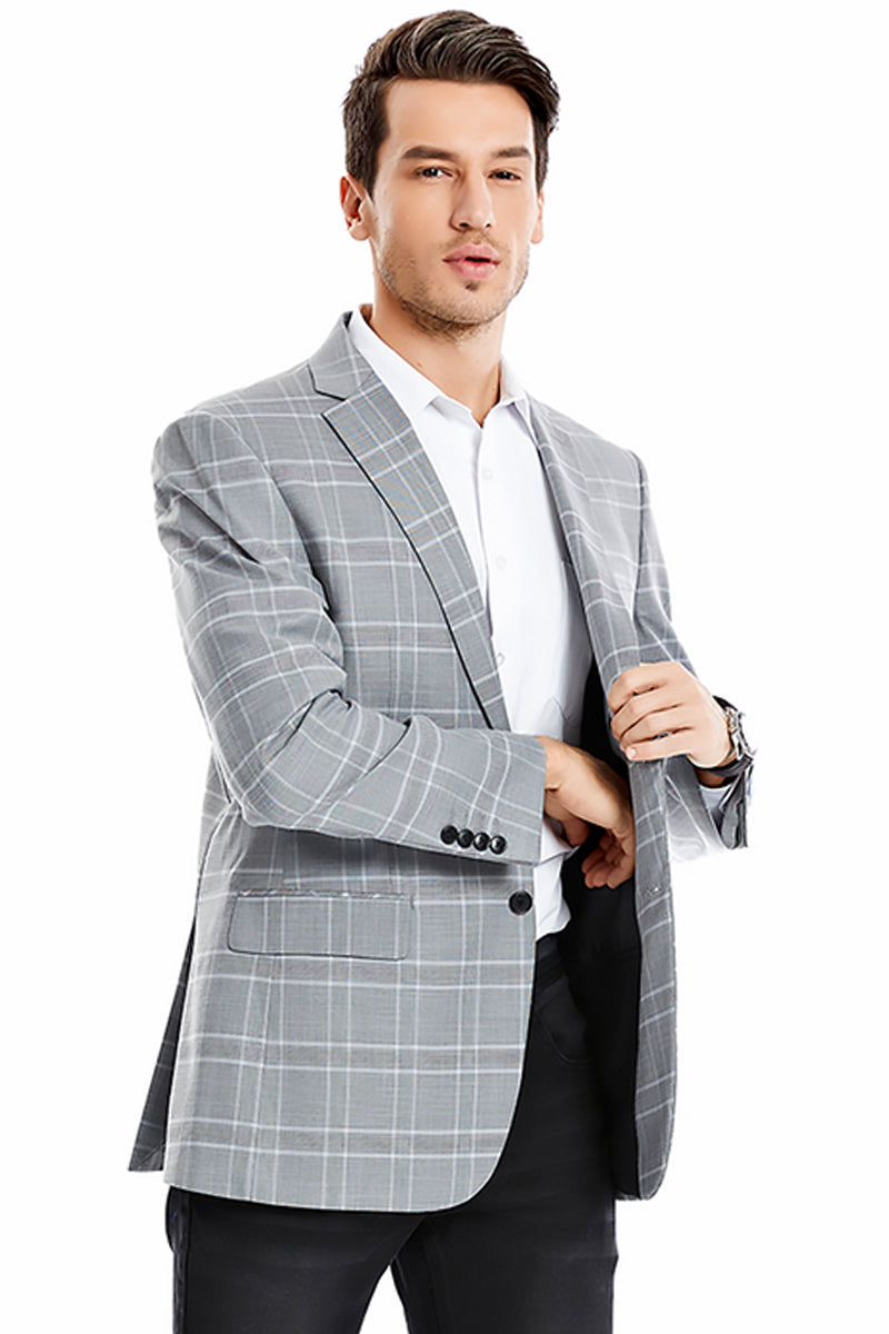 Men’s Two Button Regular Fit Double Windowpane Plaid Blazer in Light Grey