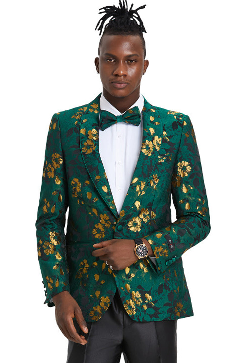 Men’s Slim Fit Paisley Foil Print Prom & Wedding Dinner Jacket Blazer in Hunter Green & Gold