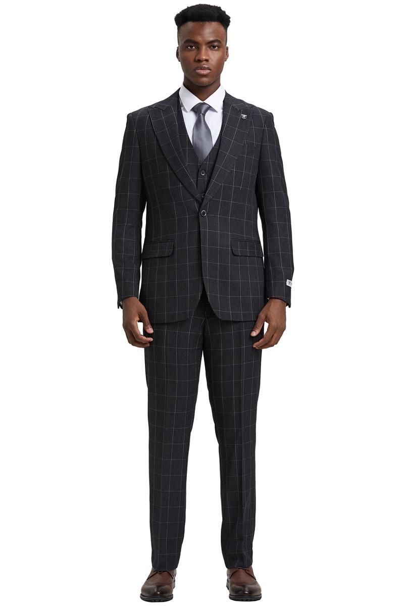 Men’s Stacy Adams Vest Classic Bold Windowpane Suit in Dark Charcoal Grey