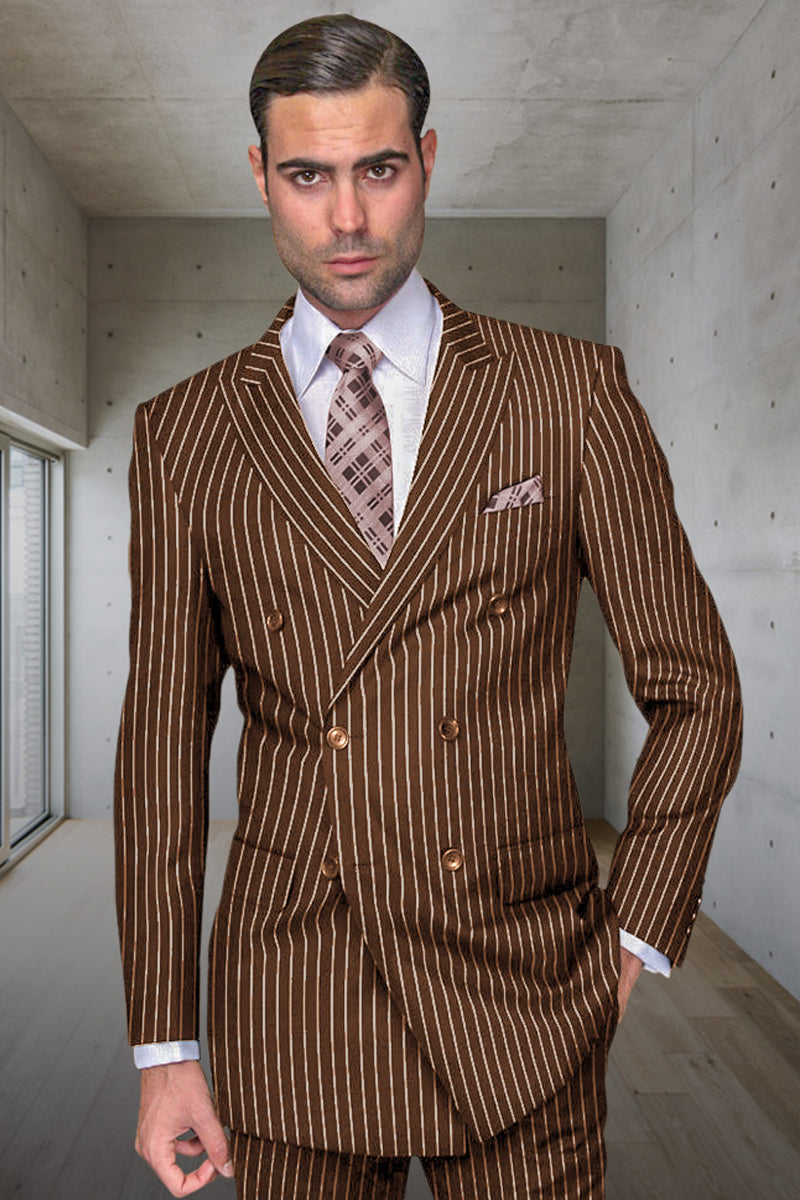Men’s Designer Double Breasted Wool Suit in Bold Bronze Gangster Pinstripe.