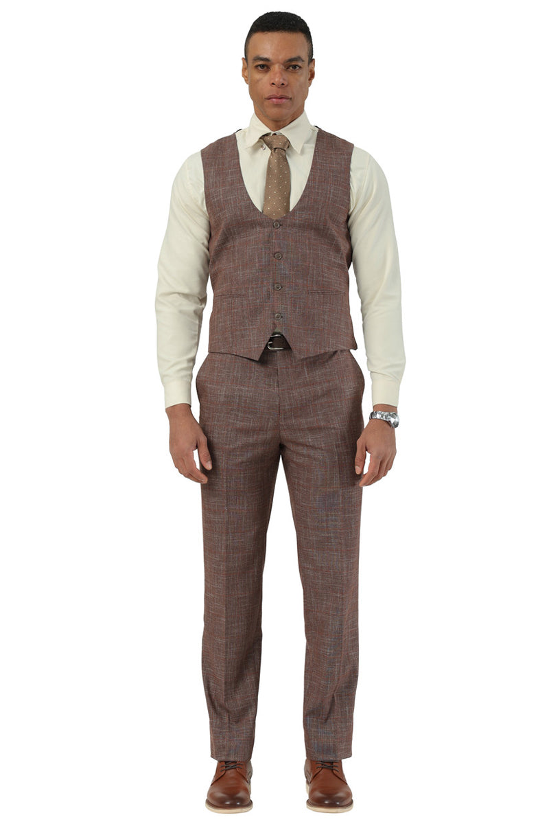 Men’s Stacy Adams One Button Peak Lapel Vested Suit in Brown Sharkskin Windowpane