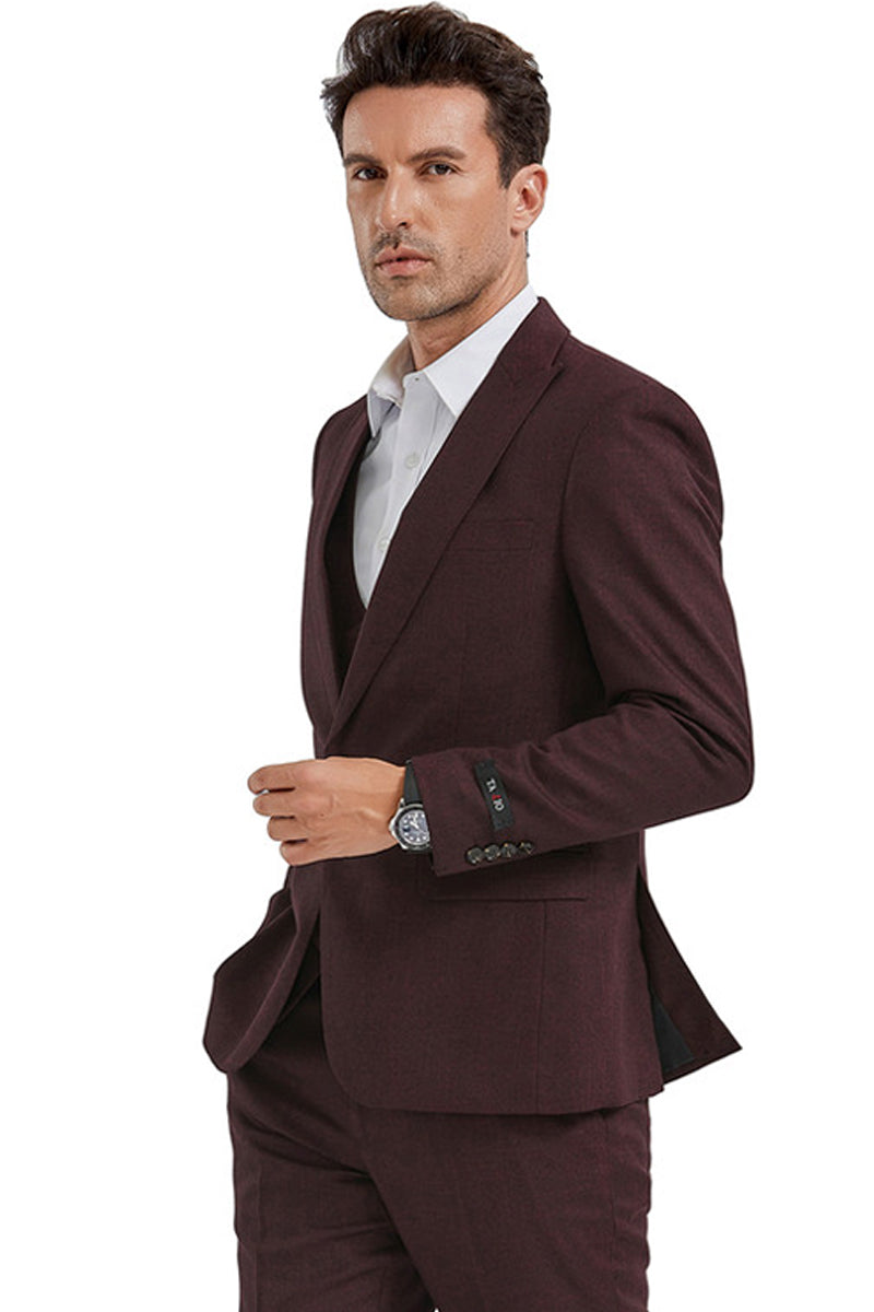 Men’s Slim Fit One Button Peak Lapel Suit with Double Breasted Vest in Burgundy Sharkskin