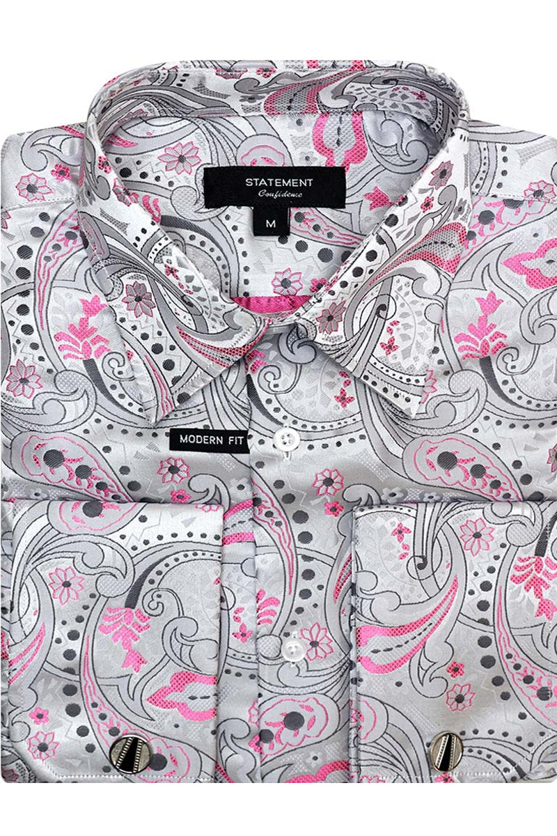 Men’s Fancy French Cuff Long Sleeve Dress Shirt in Grey & Pink Paisley