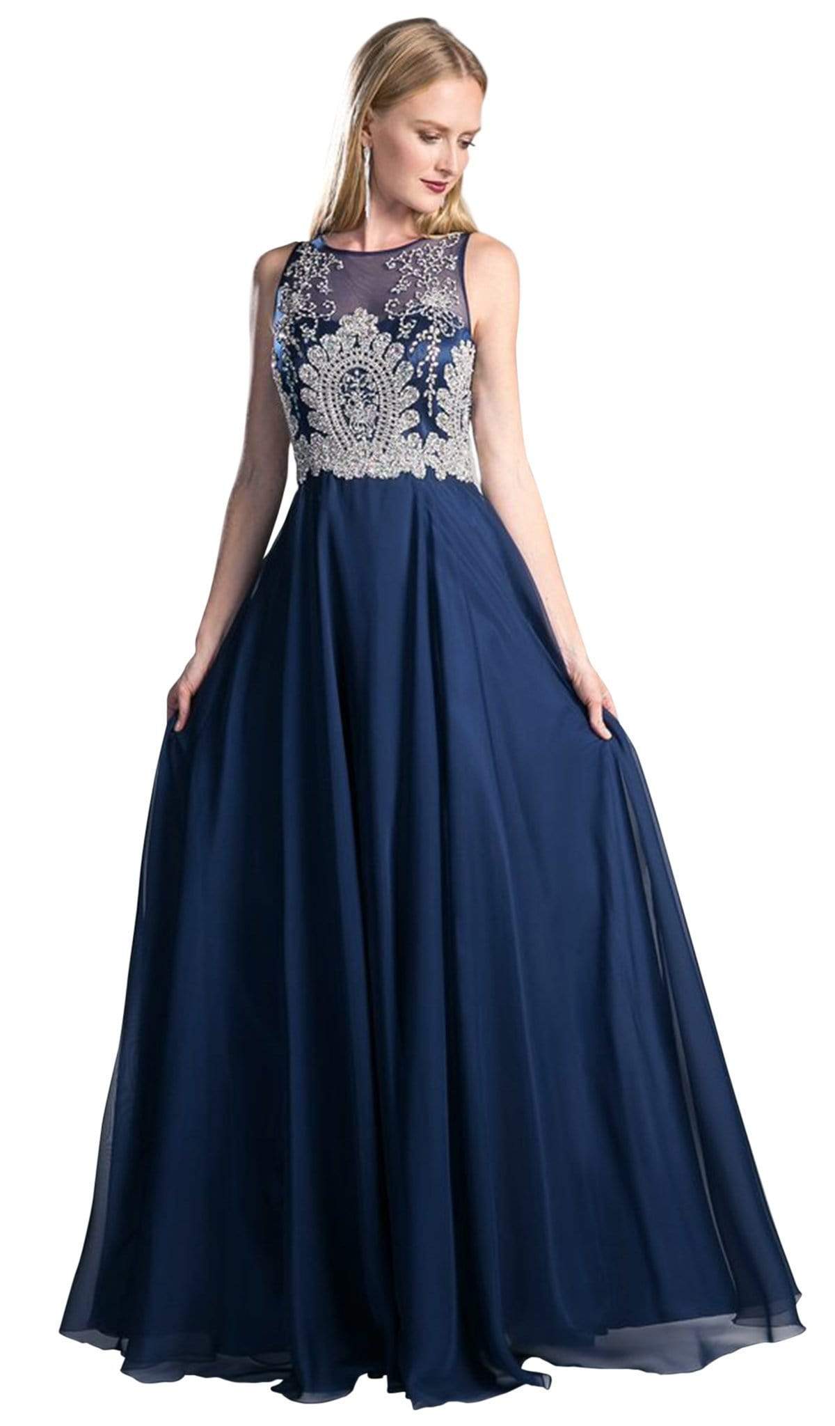 Sleeveless Illusion Metallic Appliqued A-Line Gown