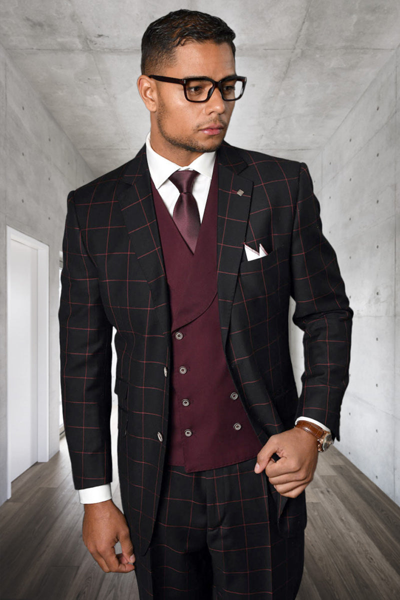 Men’s Designer Two Button Vested Wool & Cashmere Suit in Black & Burgundy Windowpane Plaid