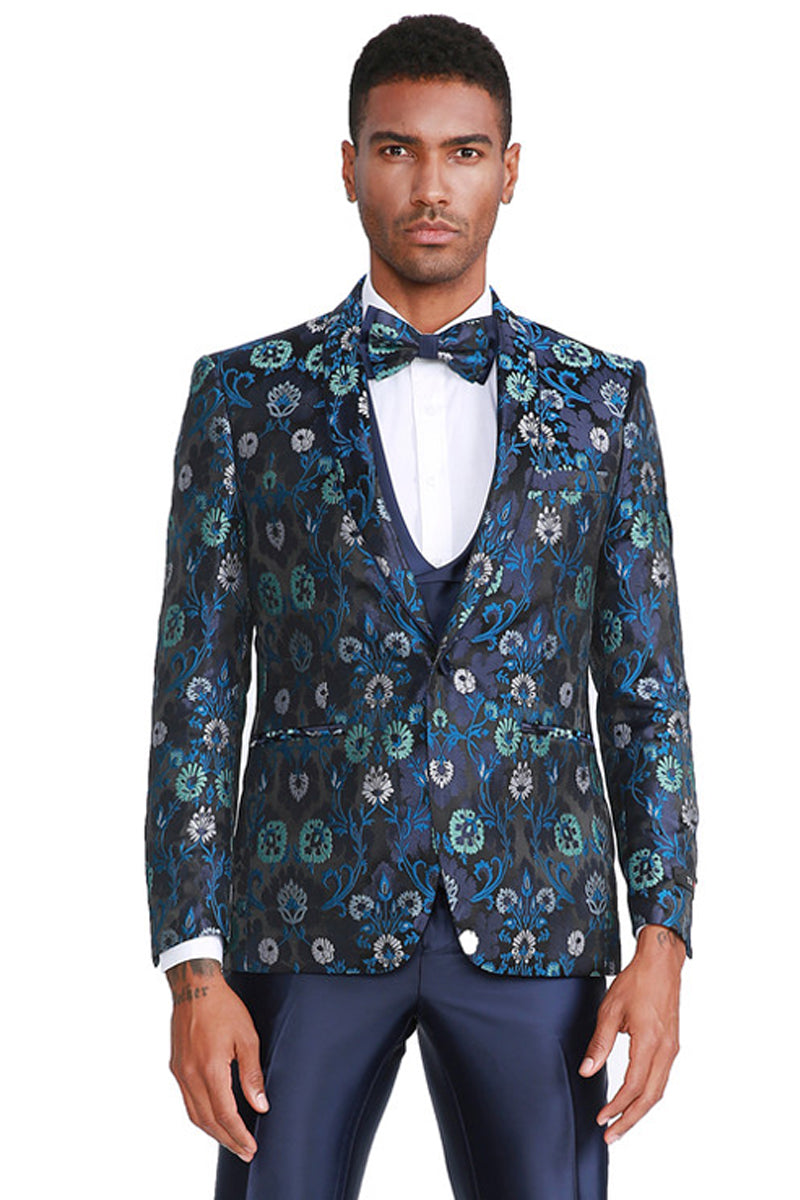 Men’s One Button Vested Floral Print Prom & Wedding Tuxedo with Satin Vest and Pants in Navy Blue