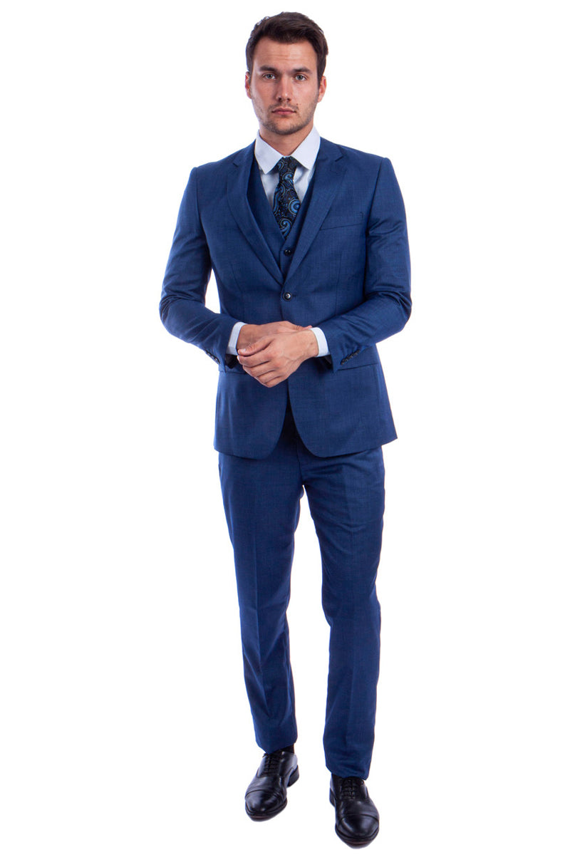 Men’s Two Button Hybrid Fit Vested Sharkskin Wedding & Business Suit in Blue