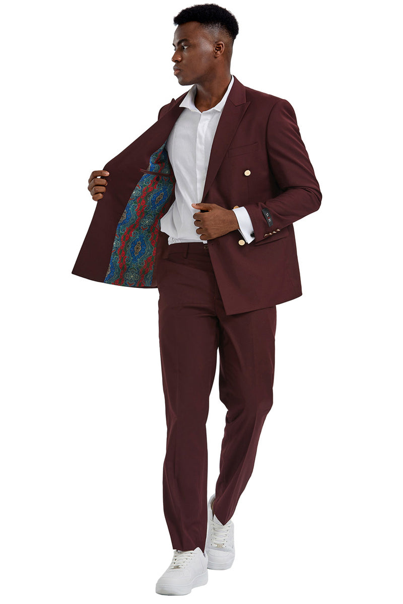Men’s Slim Fit Double Breasted Wedding Suit with Gold Buttons in Burgundy