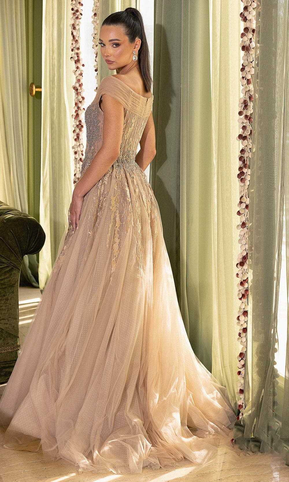 Rhinestone Embellished Off-Shoulder Ballgown