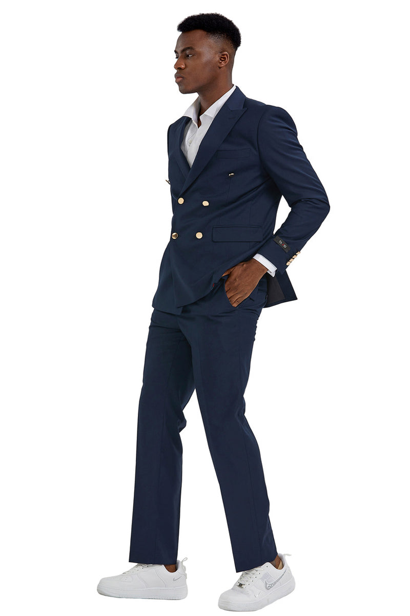 Men’s Slim Fit Double Breasted Wedding Suit with Gold Buttons in Navy Blue