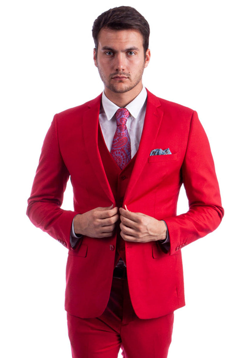 Men’s Two Button Slim Fit Vested Solid Basic Color Suit in Red