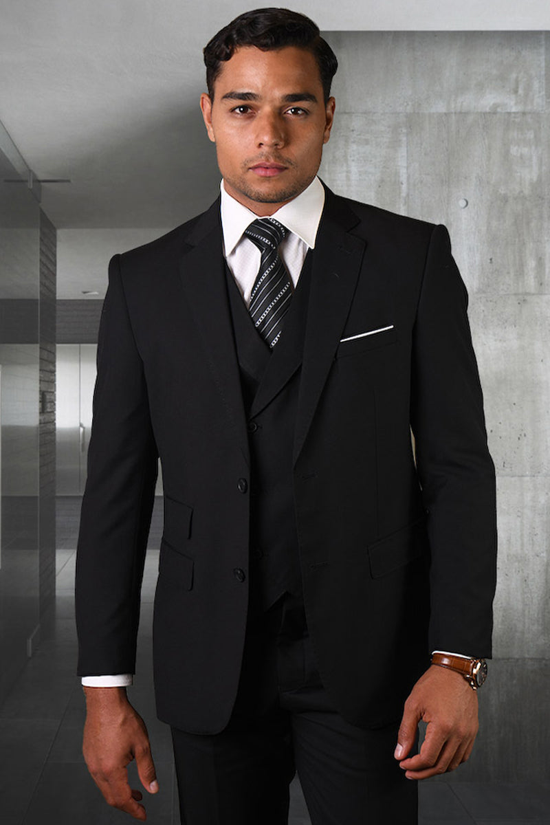 Men’s Modern Fit Designer Wool Suit in Black with a Double Breasted Vest