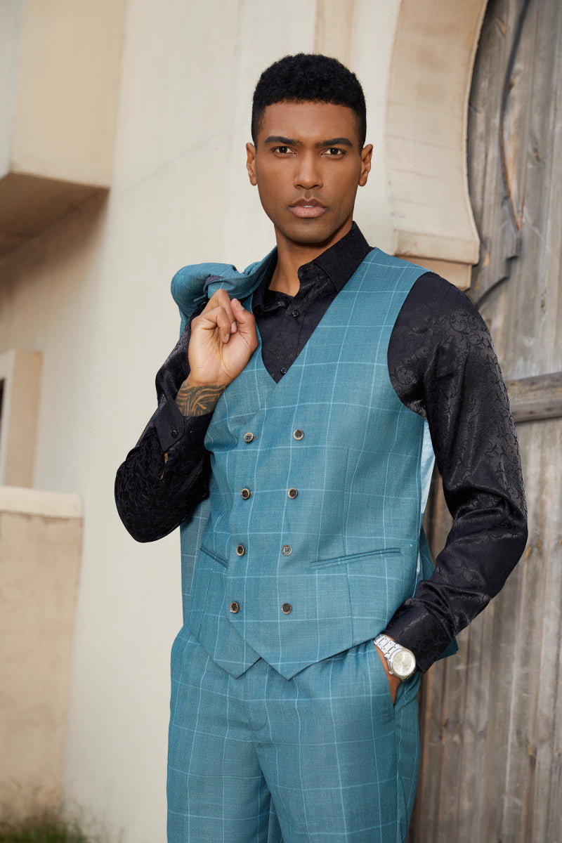 Men’s Stacy Adams One Button Peak Lapel Suit with Double Breasted Vest in Teal Windowpane