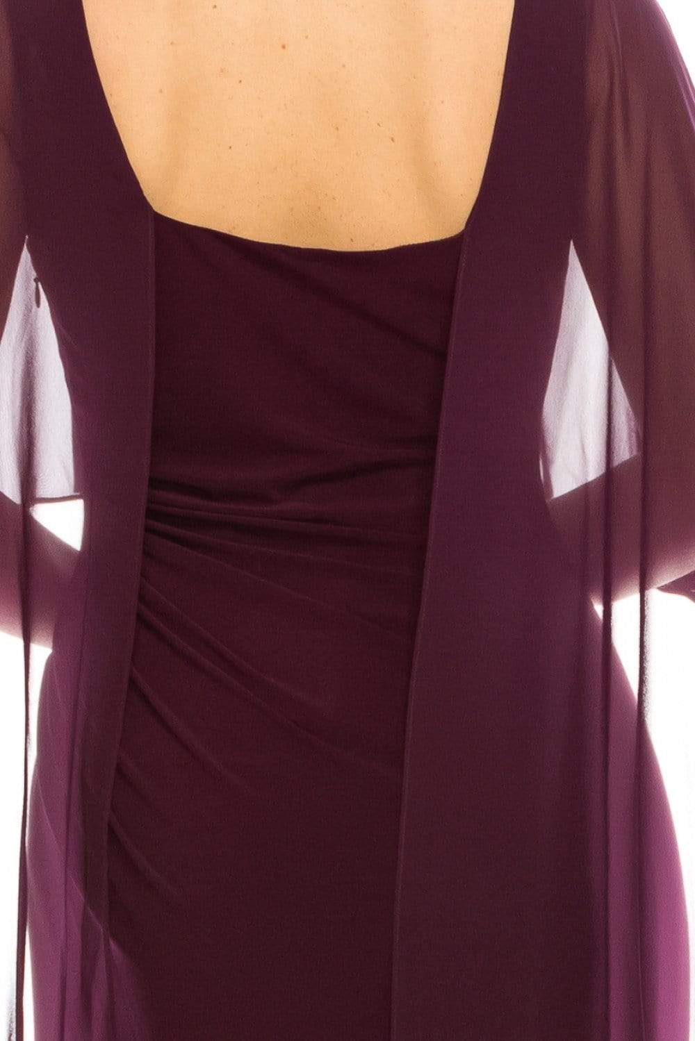 AP1E206514 Ruched High Slit Sheer Cape Evening Dress