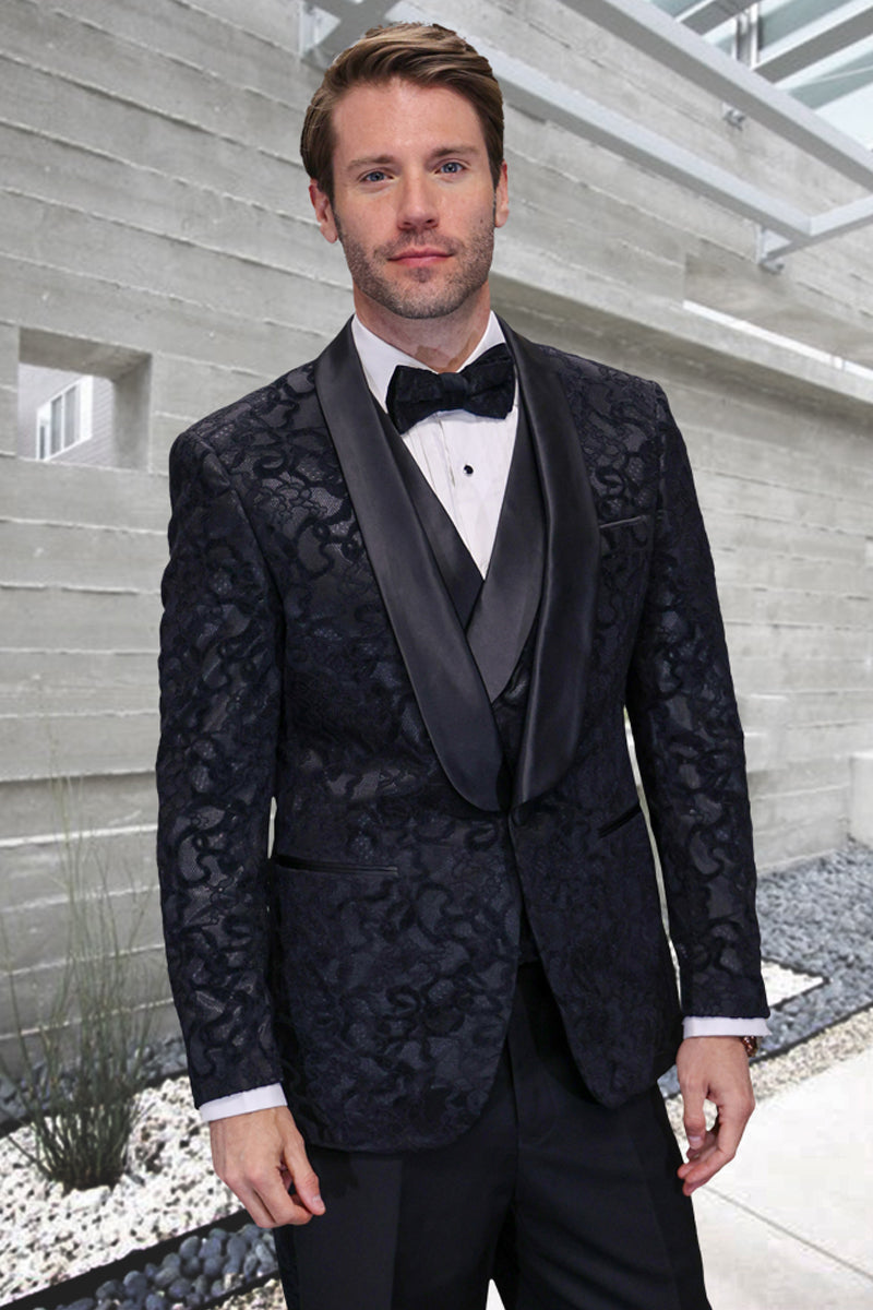 Men’s Designer Vested Wedding & Prom Smoking Jacket Paisley Tuxedo in Black