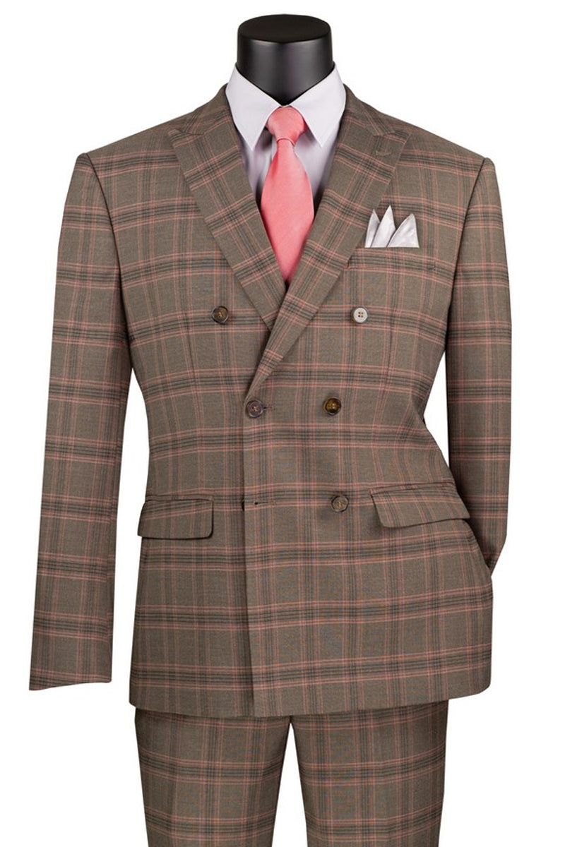 Men’s Modern Fit Double Breasted Stretch Suit in Brown Glen Plaid
