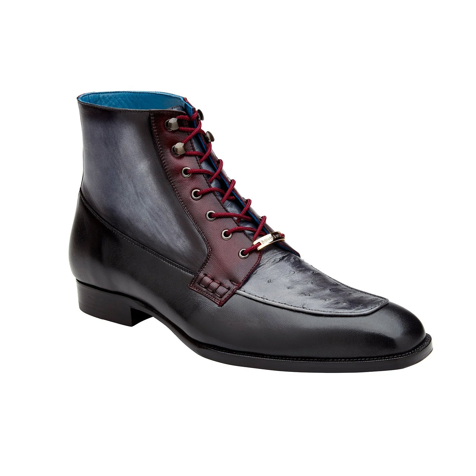 Men’s Belvedere Greco Ostrich Quill & Italian Leather Dress Boot in Black & Burgundy
