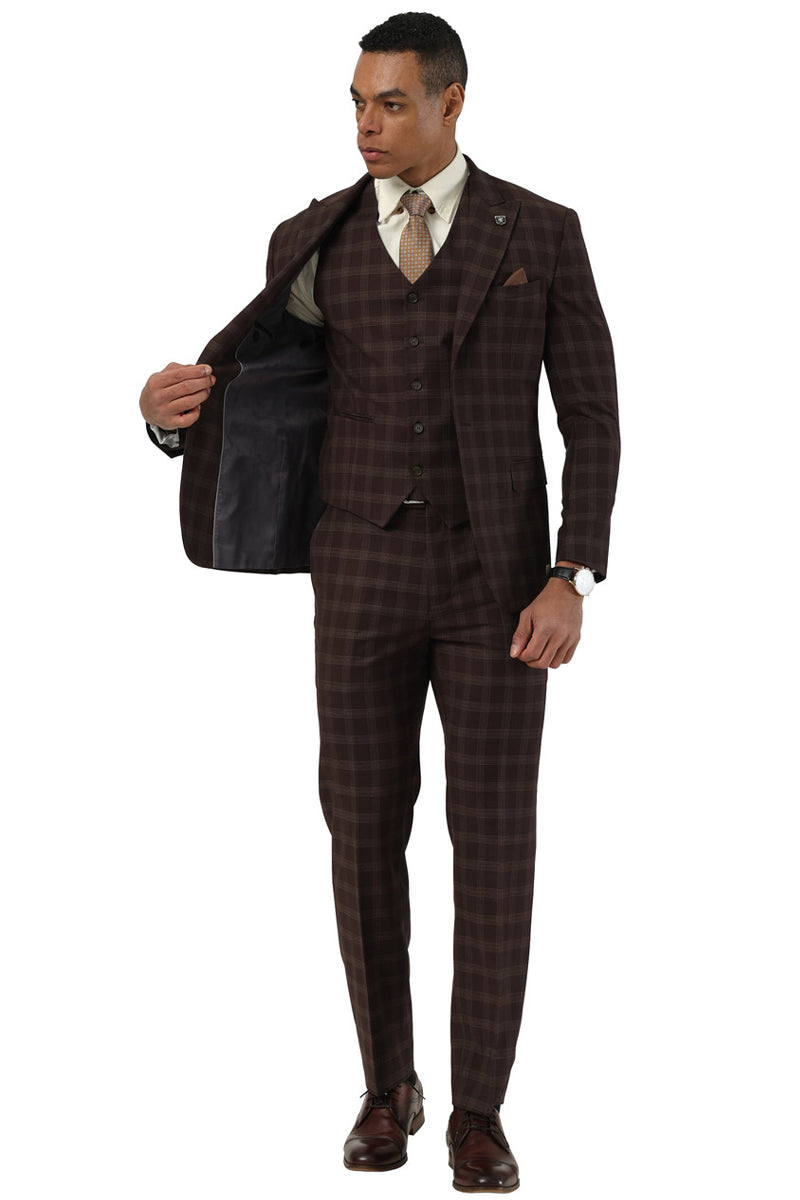Men’s Stacy Adams One Button Vested Peak Lapel Suit in Brown Plaid