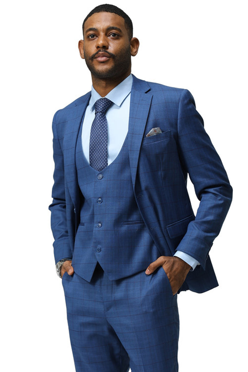 Men’s Modern Fit Two Button Suit with Scoop Vest in Dark Blue Windowpane Plaid
