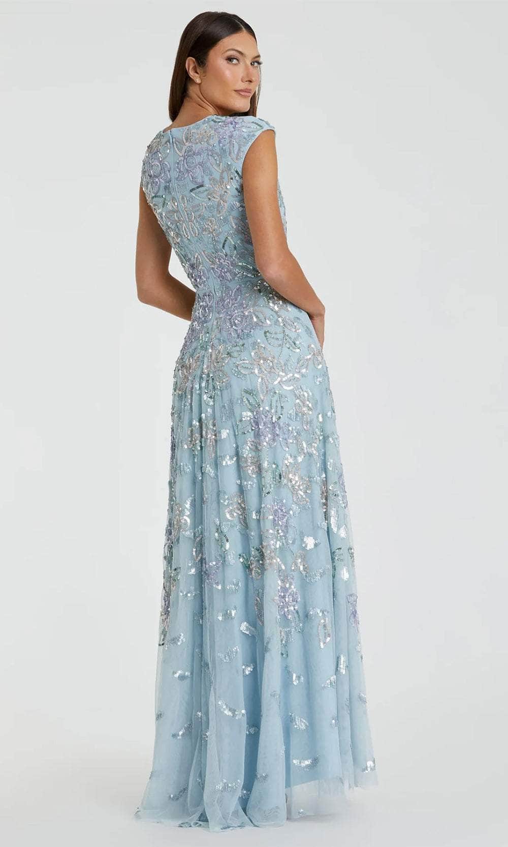 Floral Detailed Cap Sleeve Evening Gown