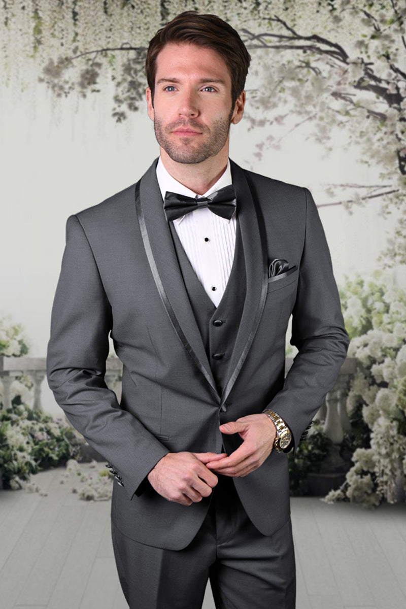 Men’s Vested Satin Trim Shawl Wedding & Prom Tuxedo in Charcoal Grey