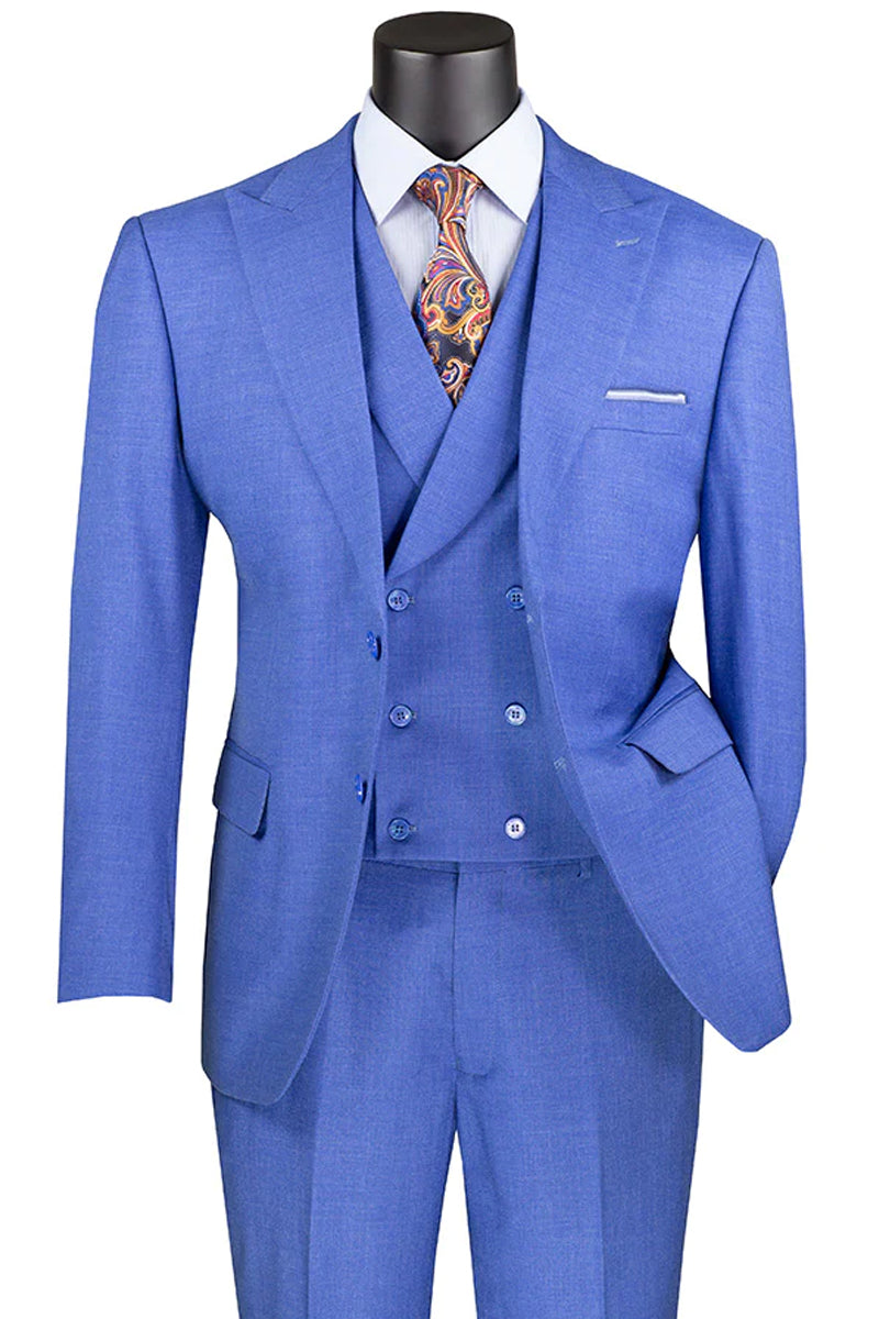 Men’s Summer Sharkskin Suit with Double Breasted Vest in French Blue