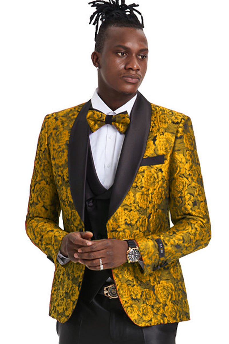 Men’s One Button Slim Fit Shiny Paisley Floral Vested Prom Tuxedo in Gold