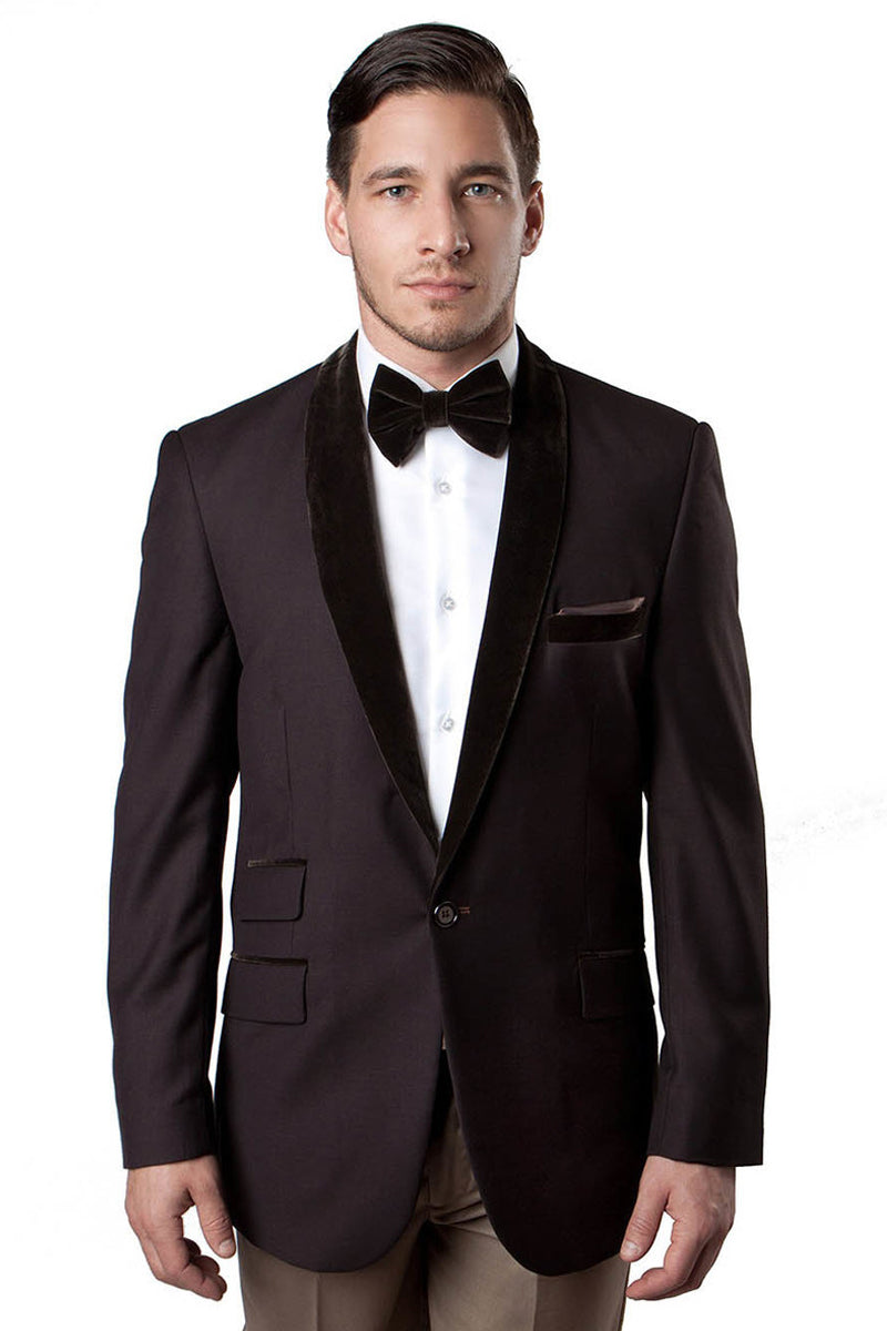 Men’s One Button Velvet Shawl Collar Tuxedo Jacket in Brown