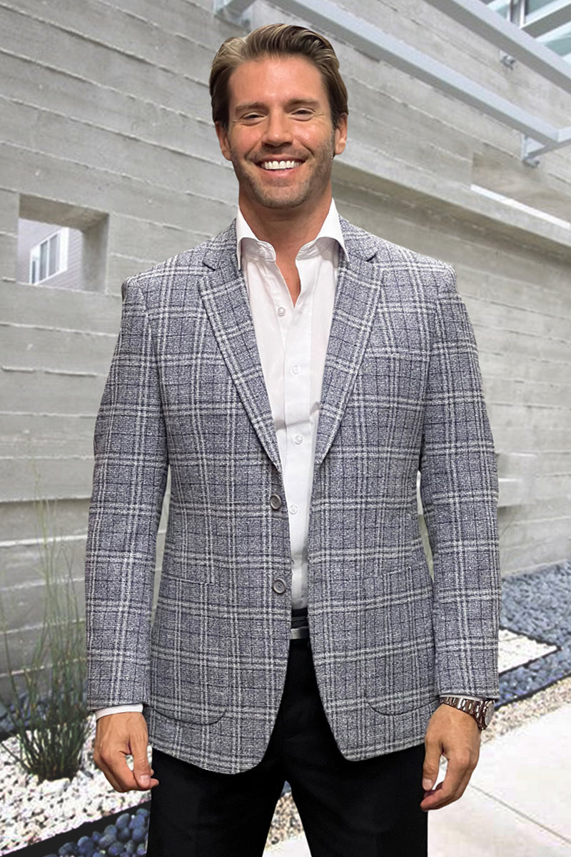 Men’s Modern Fit Wool & Cashmere Patch Pocket Sport Coat Blazer in Grey Windowpane Plaid