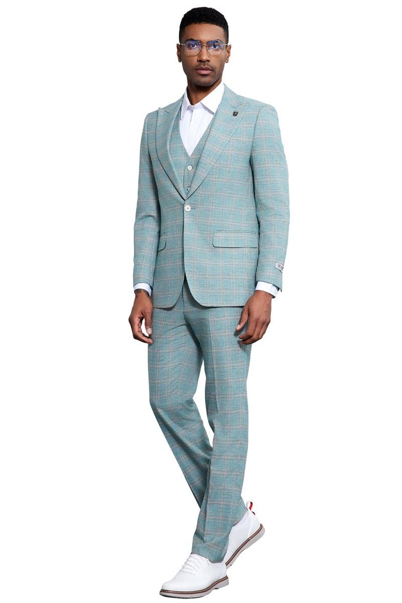 Men’s Stacy Adams Vested Peak Lapel Light Turquoise Green Plaid Prom & Wedding Suit