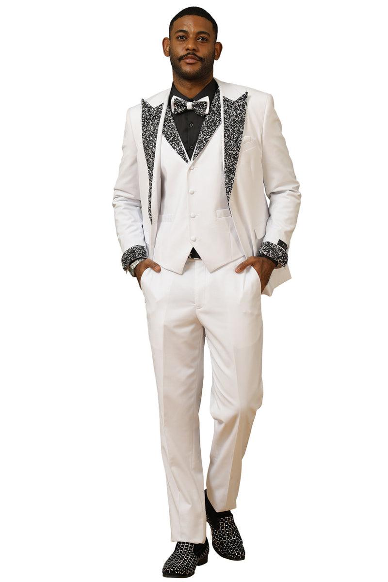 Men’s One Button Rhinestone Peak Lapel Vested Prom Tuxedo in White
