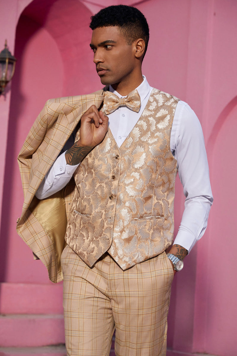 Men’s Stacy Adam’s One Button Peak Lapel Plaid Suit with Paisley Vest & Bow Tie in Khaki