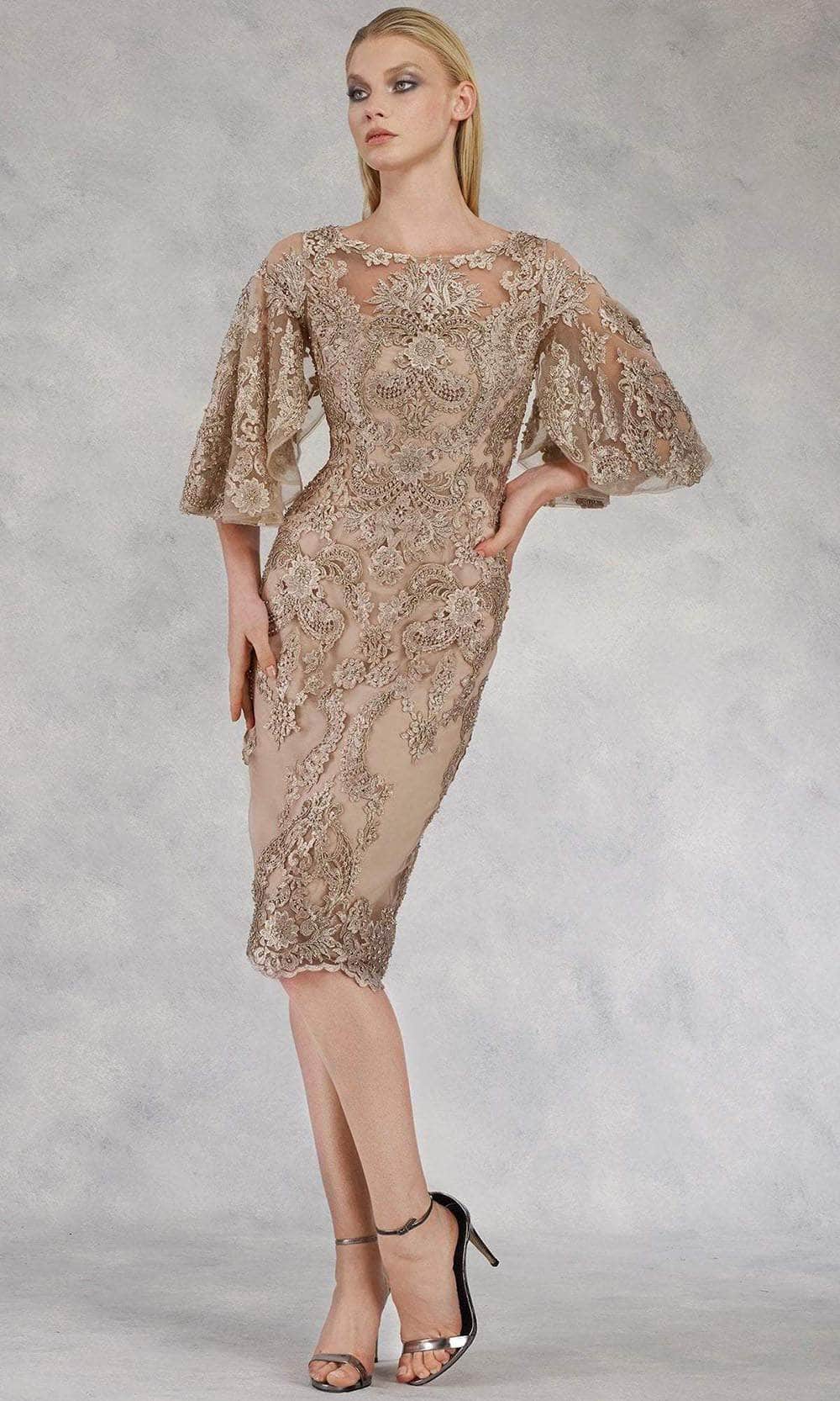 W2068 Quarter Tulip Sleeves Lace Appliqued Sheath Dress