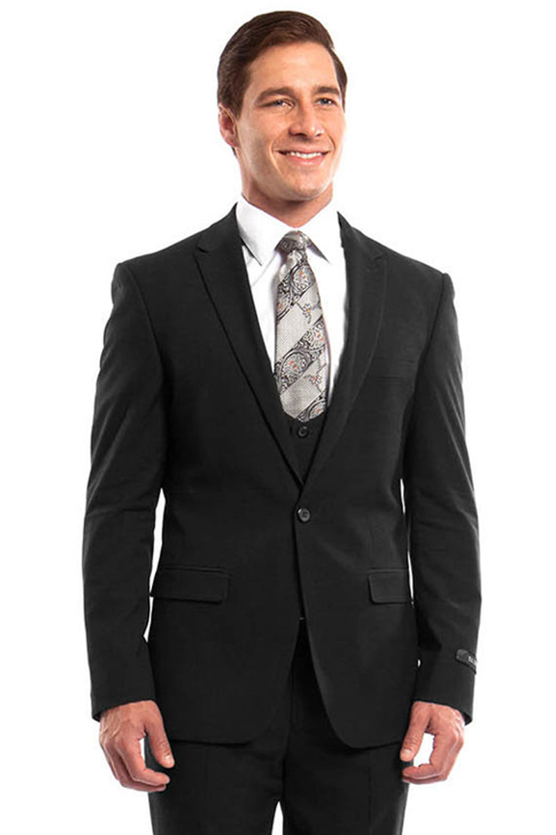 Men’s One Button Peak Lapel Skinny Wedding & Prom Suit with Lowcut Vest in Black