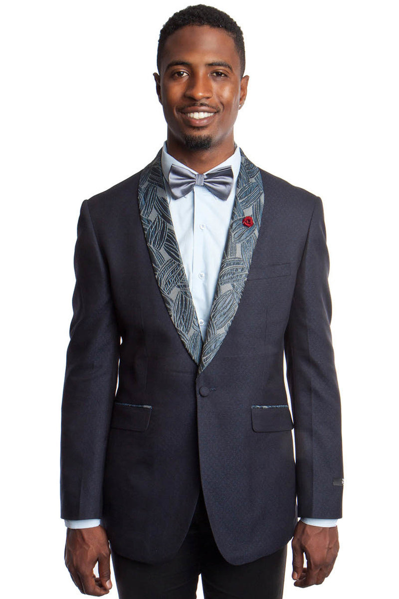 Men’s One Button Slim Fit Dinner Jacket in Blue with Monochromatic Leaf Pattern Lapel