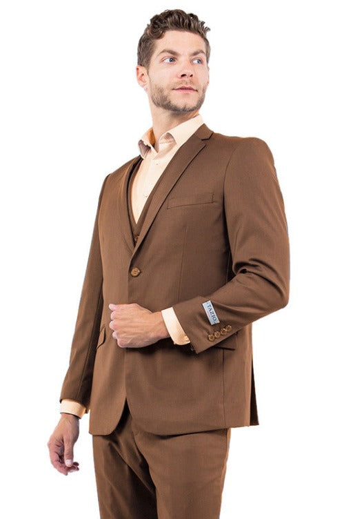 Men’s Two Button Slim Fit Basic Vested Wedding Suit in Cognac