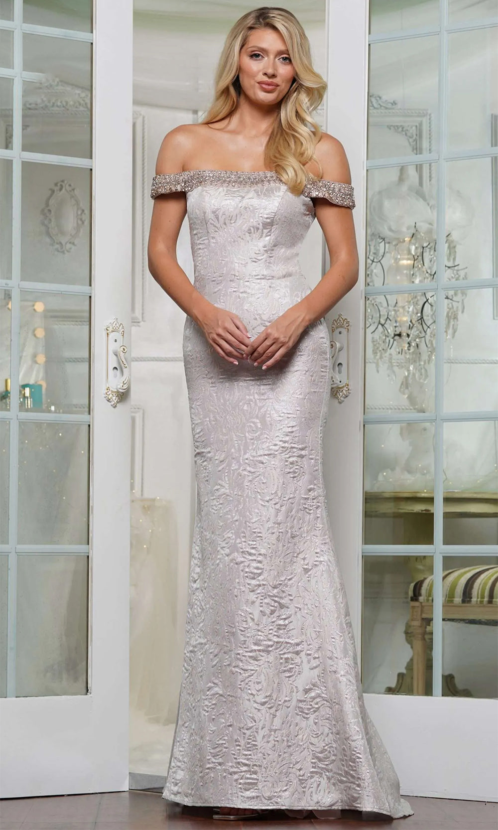 Jeweled Jacquard Evening Dress