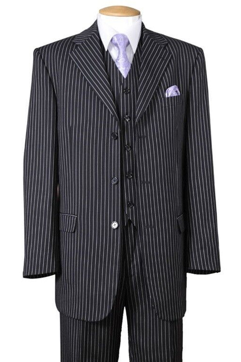 Mens 3 Button Bold 1920’s Gangster Pinstripe Vested Suit in Charcoal Grey